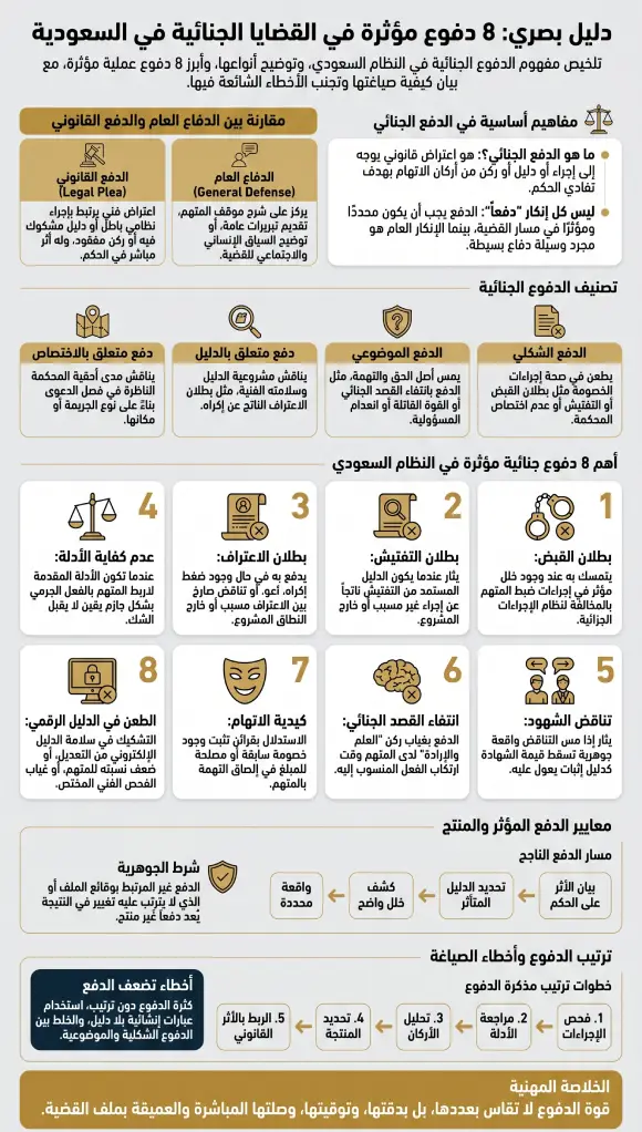 إنفوغرافيك دليل بصري 8 دفوع في القضايا الجنائية في السعودية