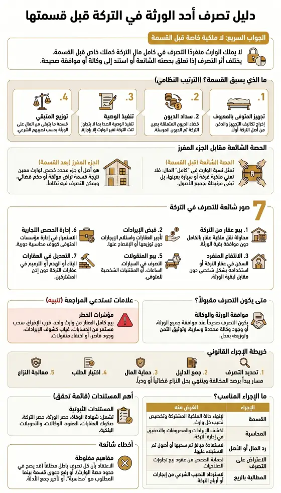 إنفوغرافيك دليل تصرف أحد الورثة في التركة قبل قسمتها