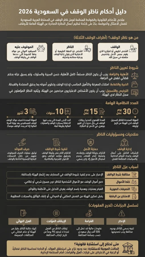 إنفوغرافيك دليل أحكام ناظر الوقف في السعودية 2026