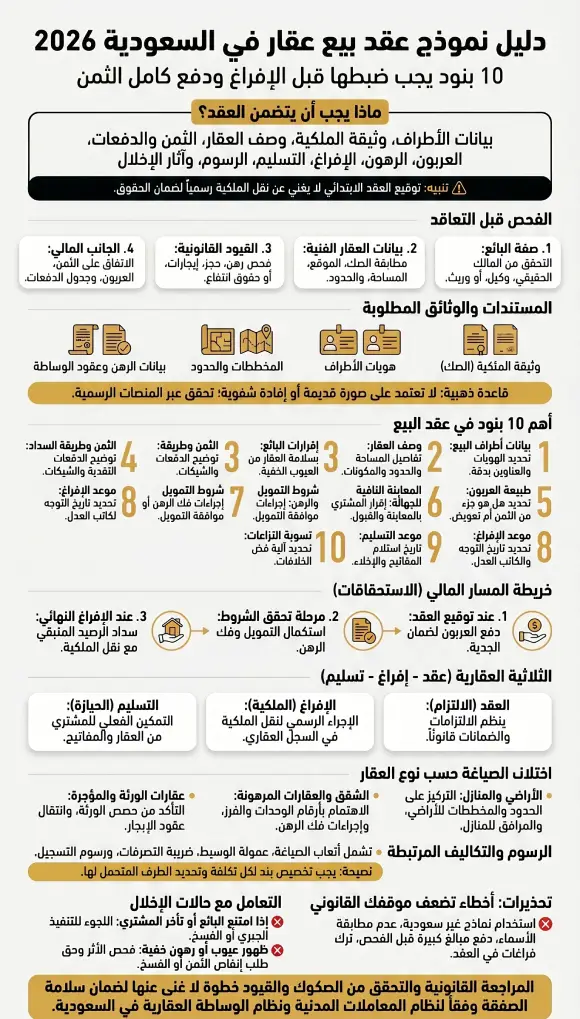 إنفوغرافيك دليل نموذج عقد بيع عقار في السعودية 2026