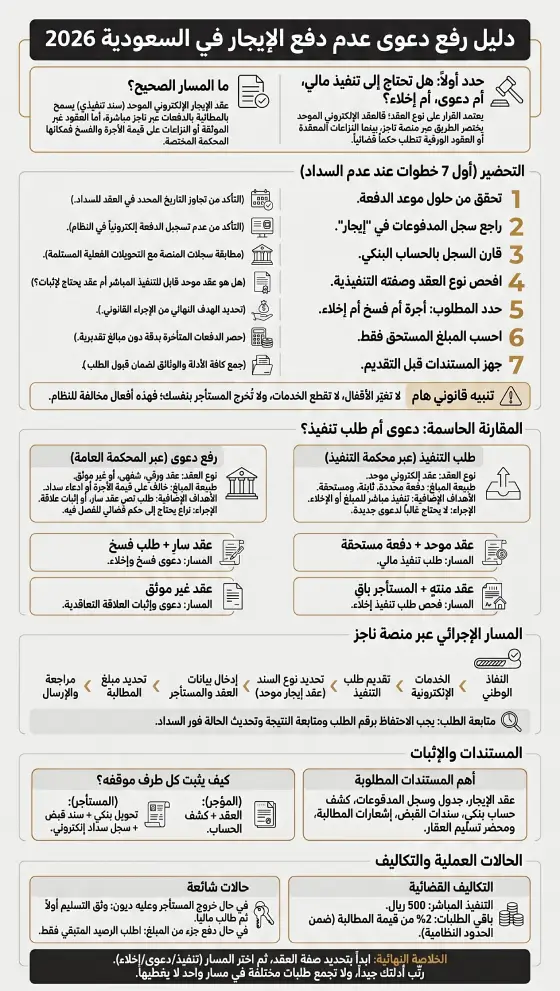 إنفوغرافيك دليل رفع دعوى عدم دفع الإيجار في السعودية 2026
