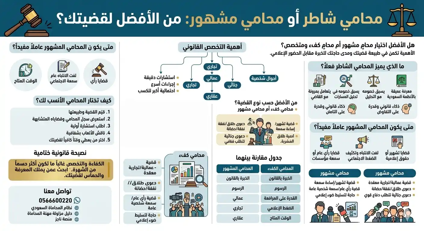 انفوغرافيك محامي شاطر أو محامي مشهور من الأفضل لقضيتك؟