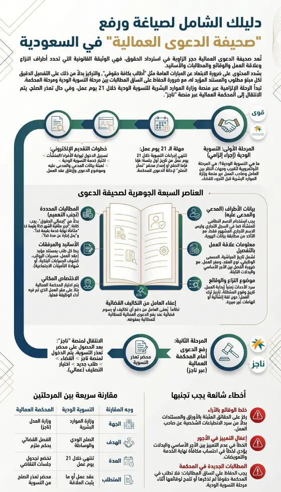 إنفوغرافيك دليلك الشامل لصياغة ورفع صحيفة الدعوى العمالية في السعودية