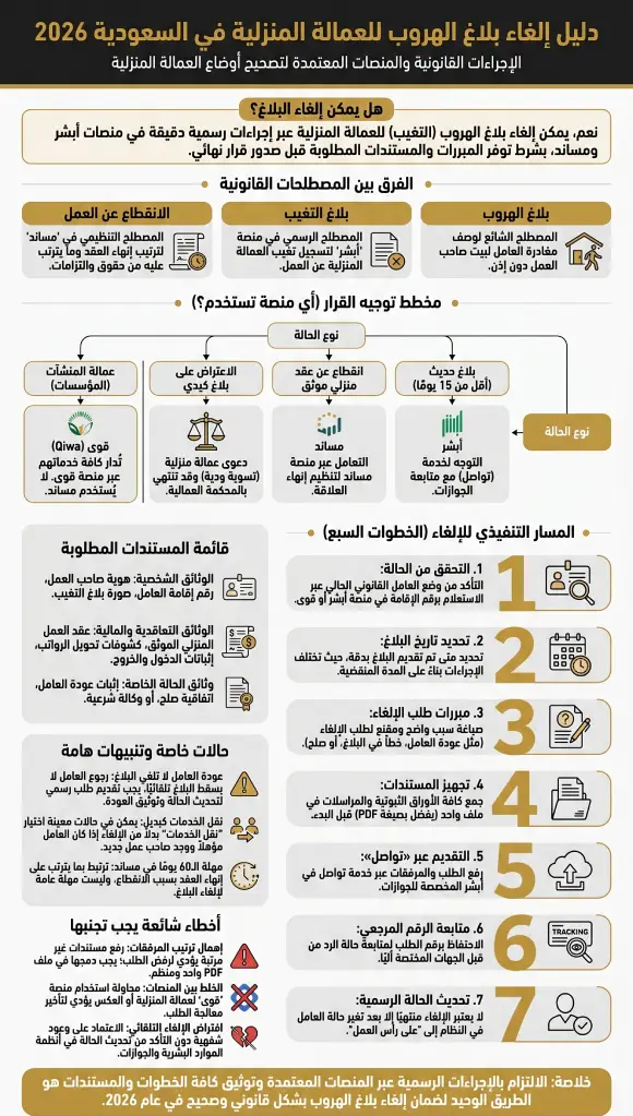 إنفوغرافيك دليل إلغاء بلاغ الهروب للعمالة المنزلية في السعودية 2026
