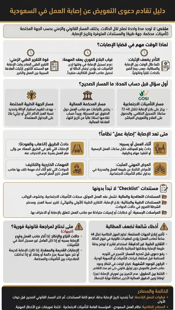إنفوغرافيك دليل تقادم دعوى التعويض عن إصابة العمل في السعودية