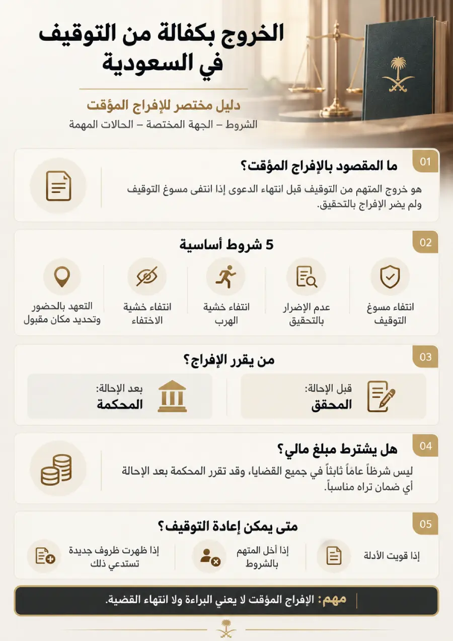 إنفوجرافيك يوضح الخروج بكفالة من التوقيف في السعودية وشروط الإفراج المؤقت والجهة المختصة وإعادة التوقيف