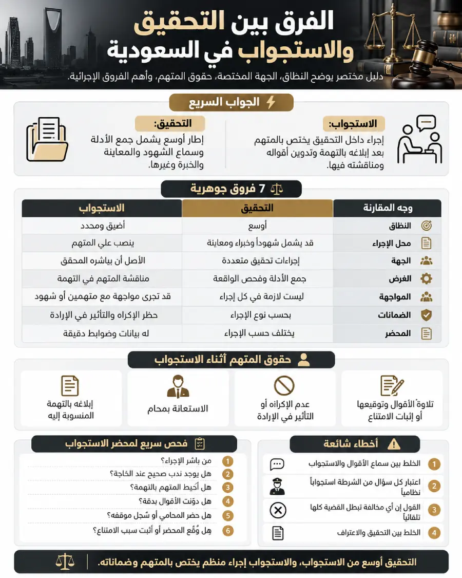 إنفوجرافيك يوضح الفرق بين التحقيق والاستجواب في السعودية وحقوق المتهم