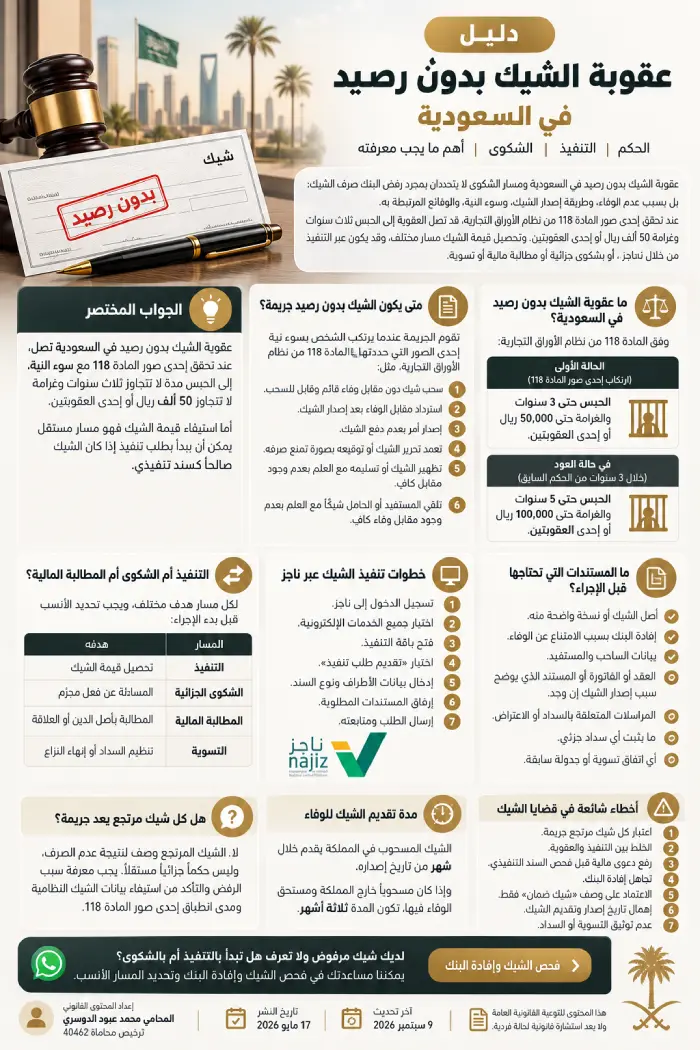 عقوبة الشيك بدون رصيد في السعودية