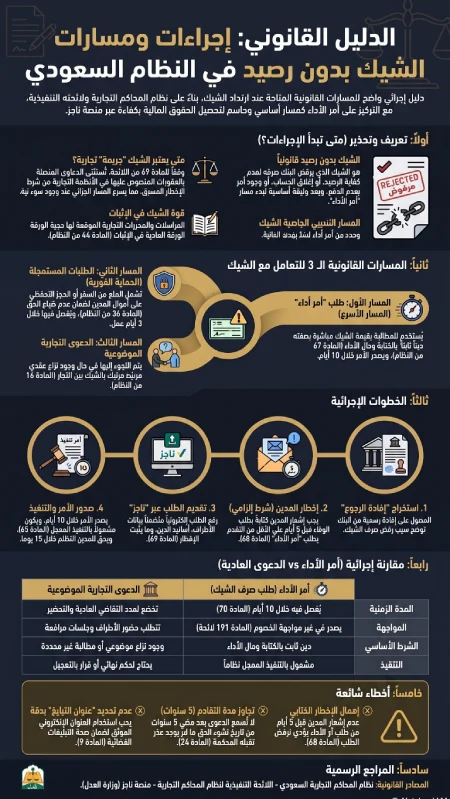 إنفوغرافيك الدليل القانوني إجراءات ومسارات الشيك بدون رصيد في النظام السعودي