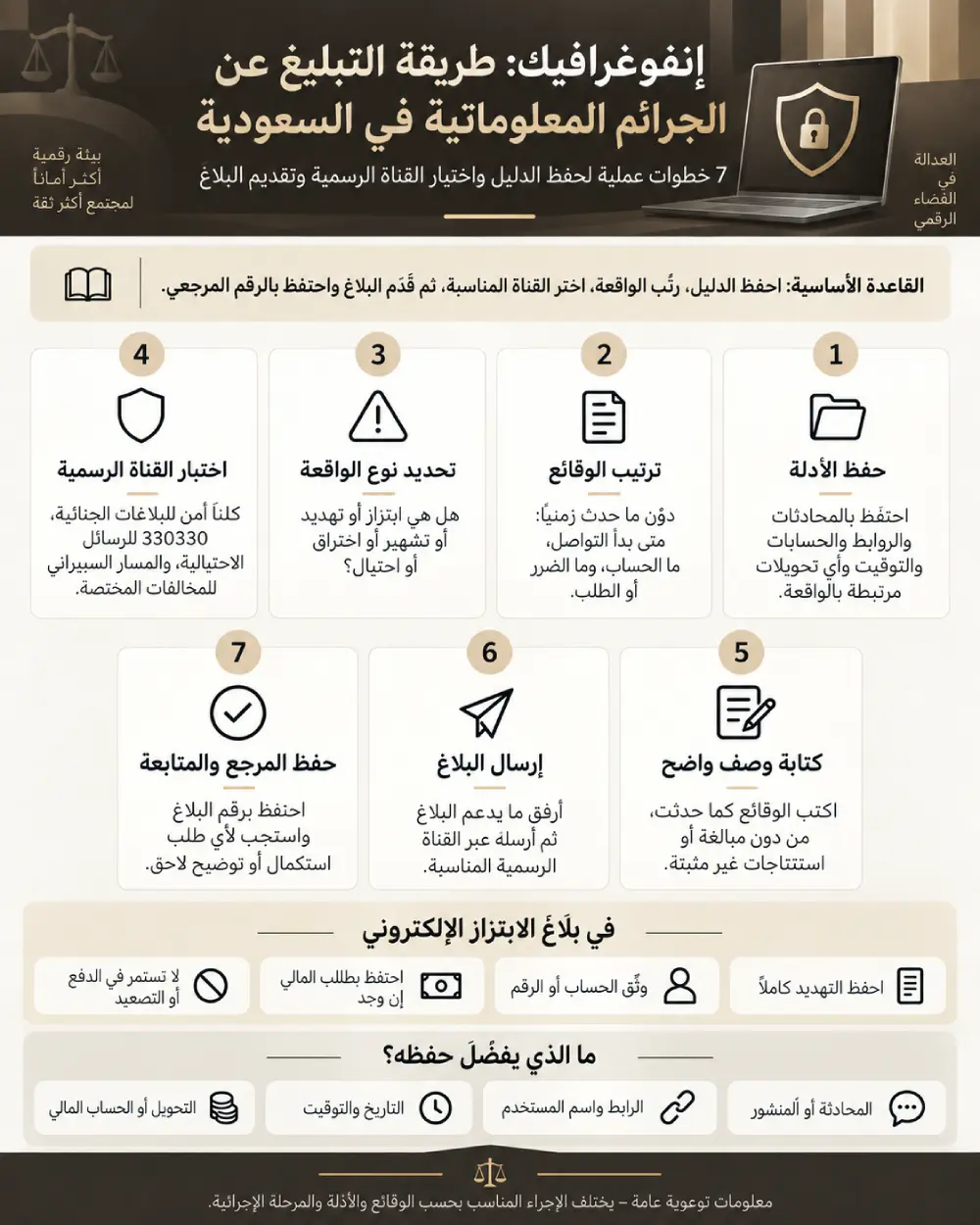 إنفوغرافيك يوضح طريقة التبليغ عن الجرائم المعلوماتية في السعودية وحفظ الأدلة واختيار القناة الرسمية