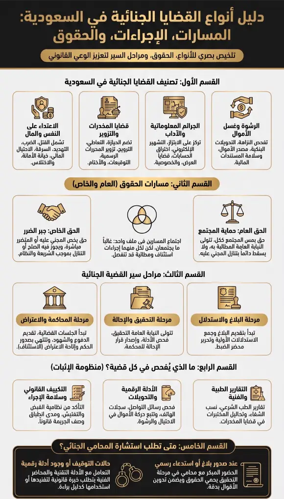 إنفوغرافيك دليل أنواع القضايا الجنائية في السعوديةِ