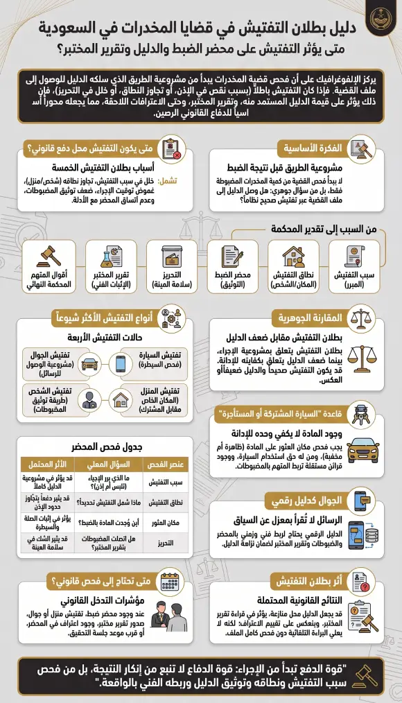إنفوغرافيك دليل بطلان التفتيش في قضايا المخدرات في السعودية