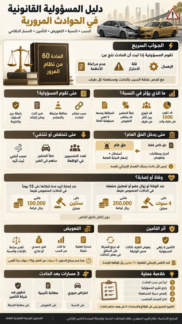 إنفوغرافيك يوضح متى تترتب المسؤولية القانونية عن الحوادث المرورية في السعودية