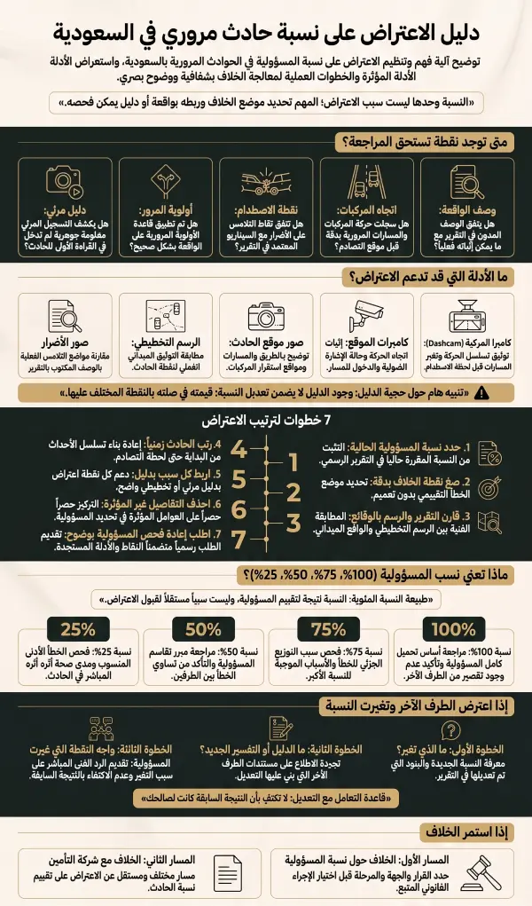 دليل الاعتراض على نسبة حادث مروري في السعودية والأدلة وخطوات مراجعة المسؤولية