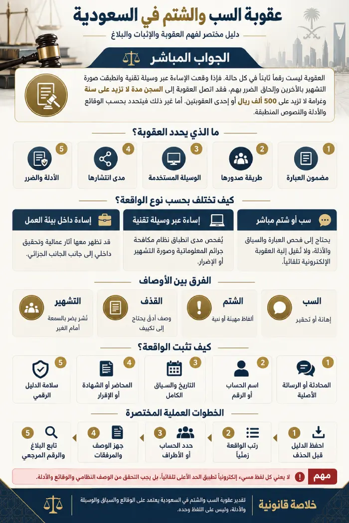 إنفوغرافيك عقوبة السب والشتم في السعودية والإثبات والبلاغ