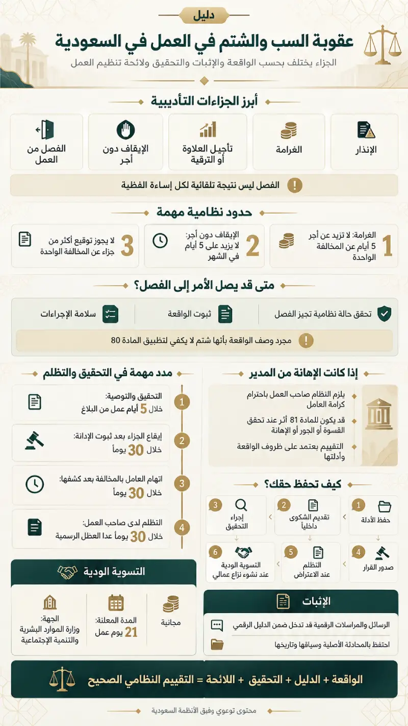إنفوغرافيك يوضح عقوبة السب والشتم في العمل وإجراءات التحقيق والتظلم في السعودية