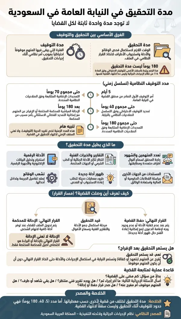 إنفوجرافيك يوضح مدة التحقيق في النيابة العامة في السعودية والفرق بينها وبين مدة التوقيف