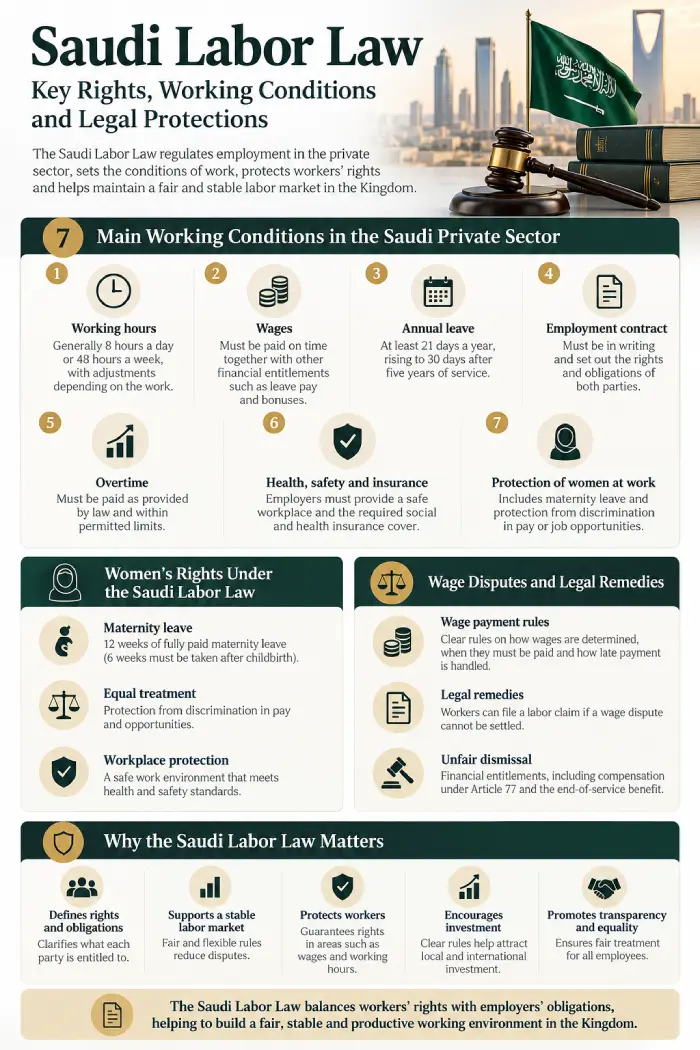 Infographic explaining Saudi Labor Law, working conditions, maternity leave and wage disputes